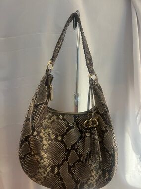 MICHAEL Michael Kors Brown Python-Print Shoulder Hobo with Tassel